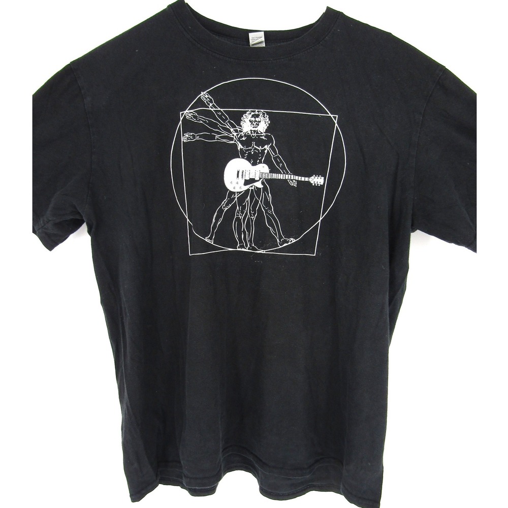 Gildan Graphic T-Shirt Mens Large Black Vitruvian Man Guitarist Art Tee